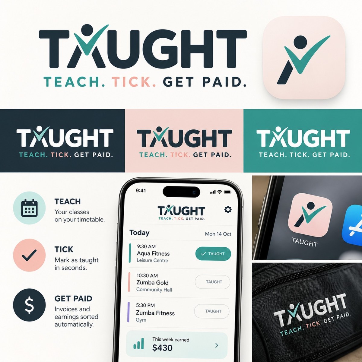 TAUGHT brand and mobile app concept board